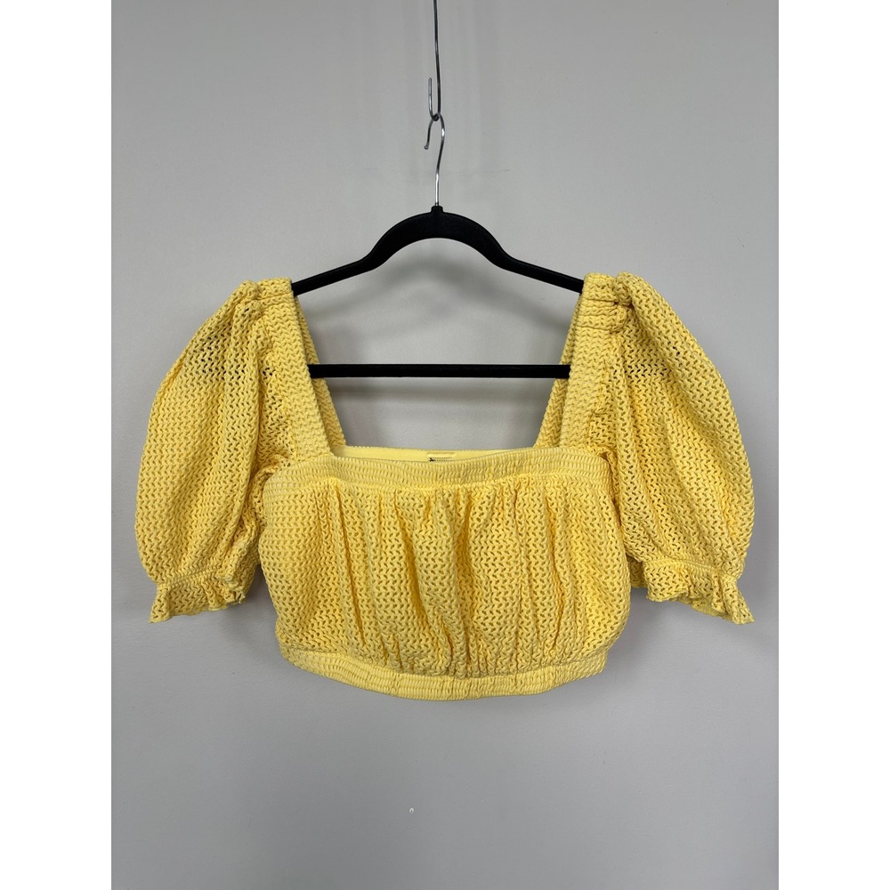 Montce Swim Yellow Crochet Puff Sleeve Bikini Top Crop Top Square Neck Large